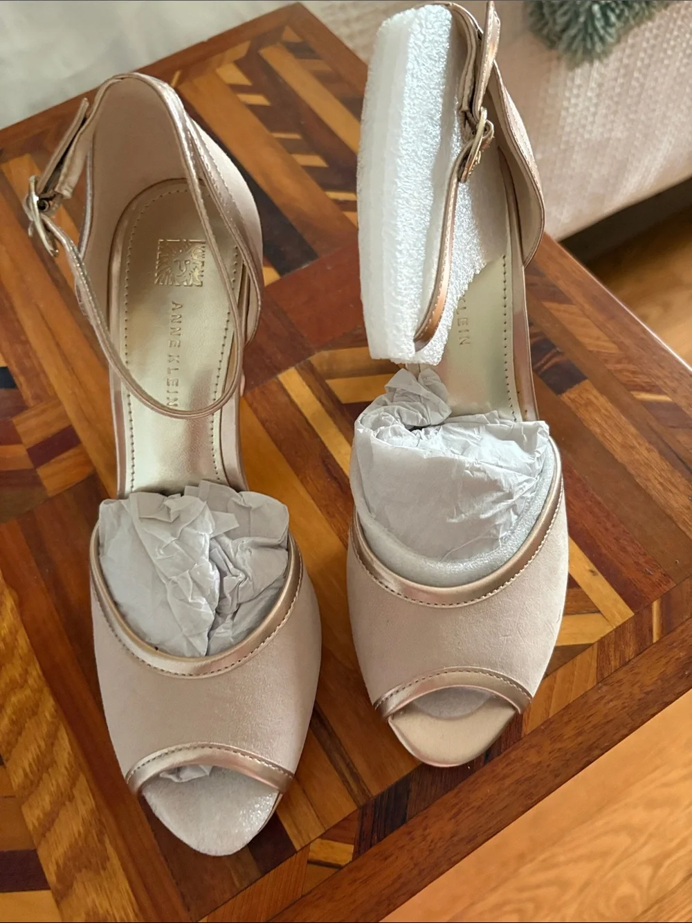 Anne Klein Blush Pink Peep-Toe Ankle Strap Heels